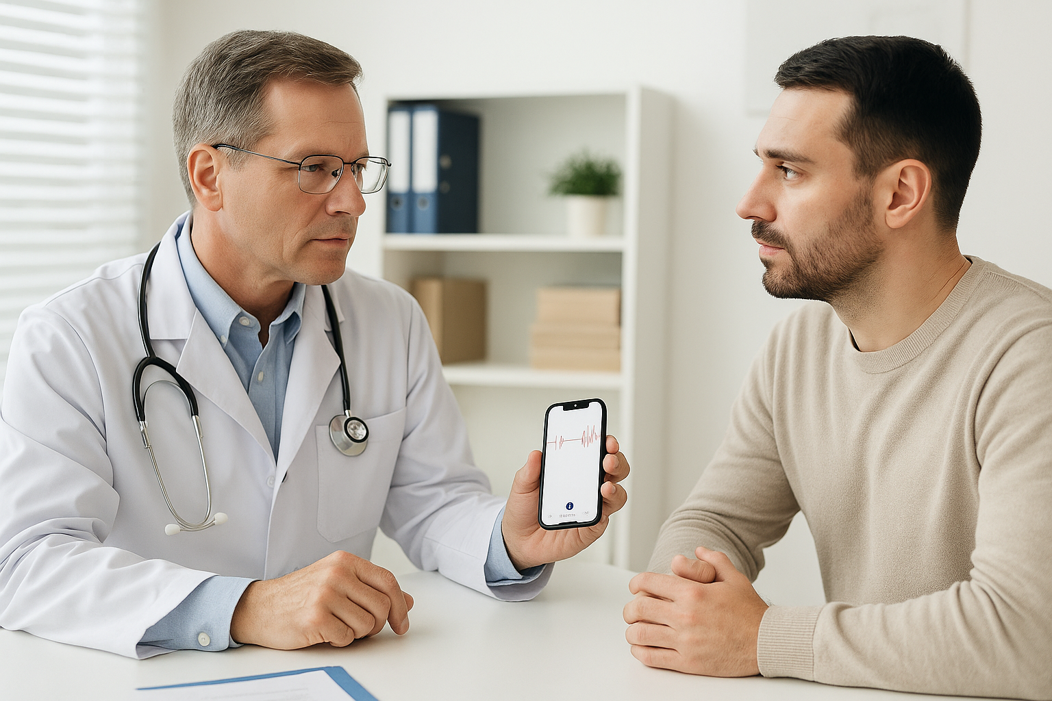 ΠΡΠ°Ρ Π² ΠΊΠ°Π±ΠΈΠ½Π΅ΡΠ΅ ΠΊΠΎΠ½ΡΡΠ»ΡΡΠΈΡΡΠ΅Ρ ΠΏΠ°ΡΠΈΠ΅Π½ΡΠ°, ΠΏΠΎΠΊΠ°Π·ΡΠ²Π°Ρ ΡΠ΅Π·ΡΠ»ΡΡΠ°ΡΡ Π½Π° ΡΠΌΠ°ΡΡΡΠΎΠ½Π΅ Ρ ΠΏΡΠΈΠ»ΠΎΠΆΠ΅Π½ΠΈΠ΅ΠΌ Historia AI