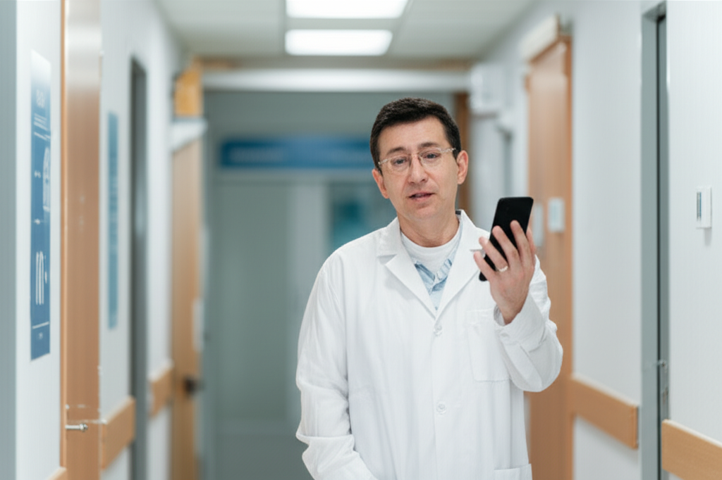 Doctor in white coat using smartphone to record voice notes in hospital corridor