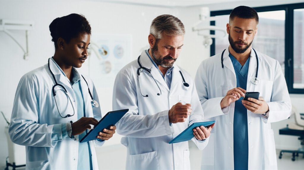 Professional team of doctors in modern medical clinic using mobile devices for medical documentation