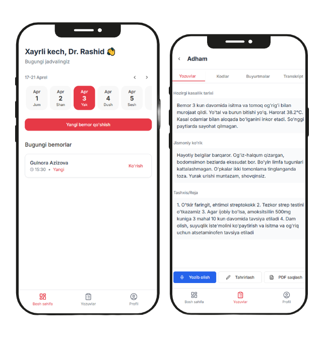 Historia AI mobile application interface showing doctor schedule and patient consultation screens